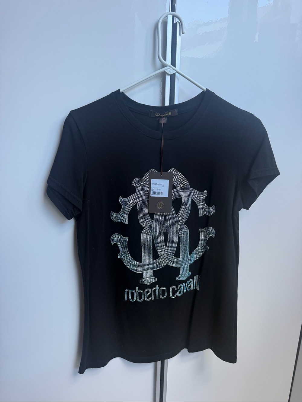 Roberto Cavalli Black Short-Sleeve Tee with Crystal Logo